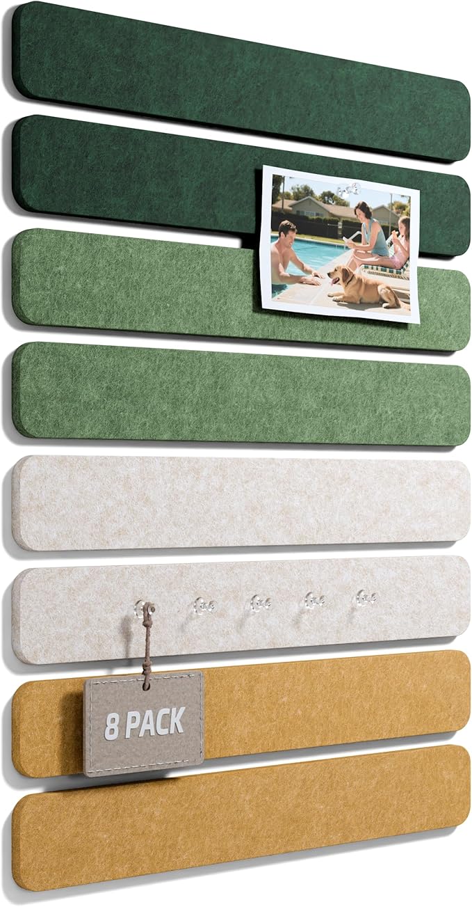 Cork Board Alternative Felt Strip Board 8-Pack 13"x2", Office Pin Board with 50 Push Pins, Adhesive Install for Bedroom Door & Home Office(Moss Glimmer)
