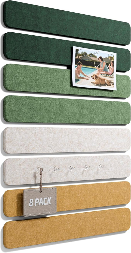 Cork Board Alternative Felt Strip Board 8-Pack 13"x2", Office Pin Board with 50 Push Pins, Adhesive Install for Bedroom Door & Home Office(Moss Glimmer)