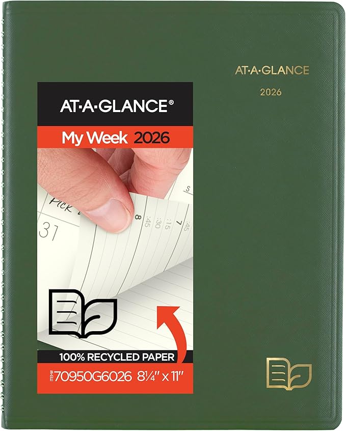AT-A-GLANCE 2026 Appointment Book Planner, Weekly & Monthly, 8-1/4" x 11", Large, Quarter-Hourly, Recycled, Green (70950G6026)