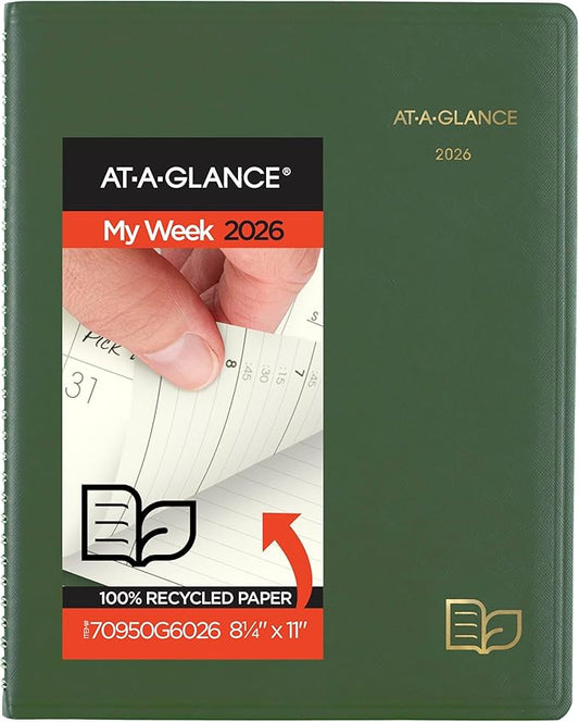 AT-A-GLANCE 2026 Appointment Book Planner, Weekly & Monthly, 8-1/4" x 11", Large, Quarter-Hourly, Recycled, Green (70950G6026)