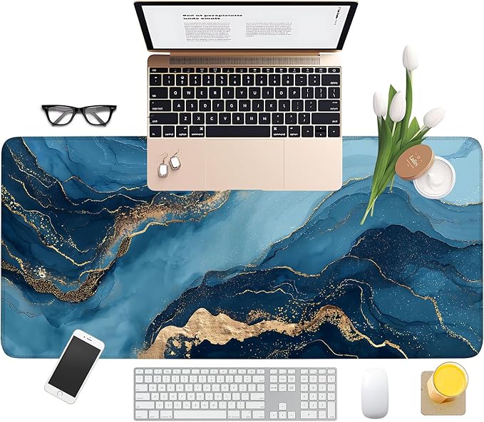 Gold & Blue Geometric Waves Extended Gaming Mouse Pad 35.4 x 15.7 Inch – Stylish Desk Mat for Gaming, Office, and Study, with Non-Slip Rubber Base