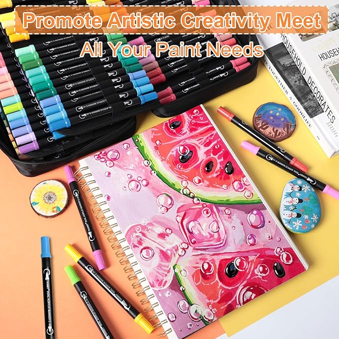 TANMIT 124 Colors Acrylic Paint Pens, Dual Tip Acrylic Paint Markers with Brush Tip and Fine Tip, Acrylic Pens for Rock Painting, Wood, Canvas, Stone, Glass, Ceramic,DIY Crafts Making Art Supplies