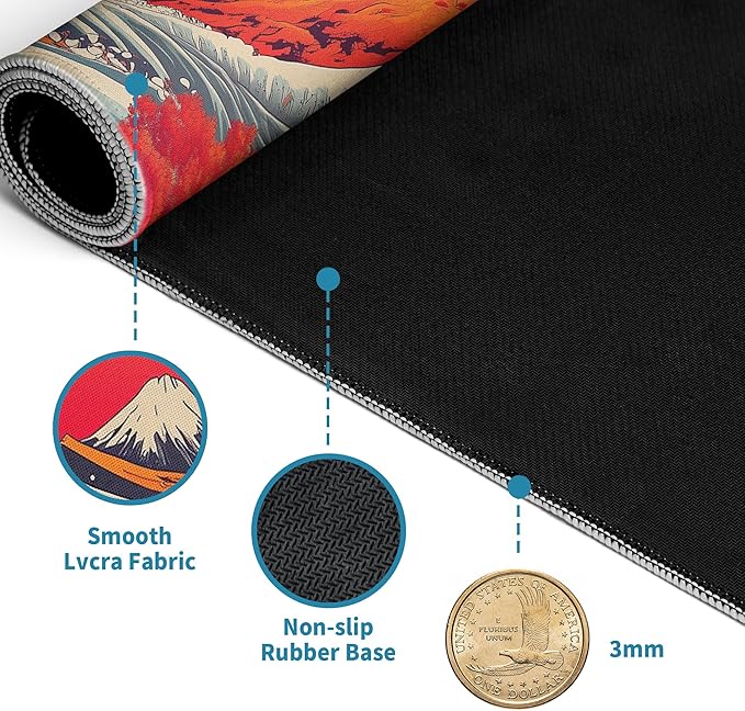 Japanese Sea Wave Mouse Pad Red Desk Mat XL Mouse Gaming Pads, Sea Keyboard Pads Extra Large Desktop Computer Mats with Non-Slip Base & Stitched Edges, Vintage Office Decor 31.5x11.8