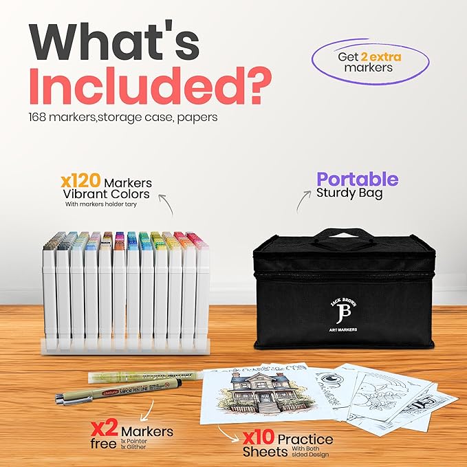 JACK BROWN 120 Colors Alcohol Markers Set with Fine & Chisel Dual Tip - Professional Art Markers for Adults & Kids, Perfect for Drawing, Sketching, Coloring & Animation - Includes Durable Marker Case