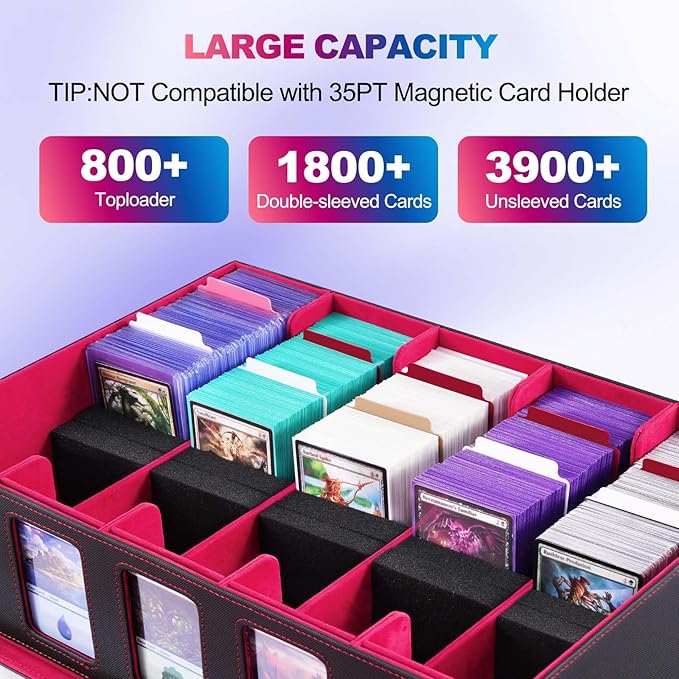 Trading Card Storage Box with Commander Display, 5 Row Magic Card Box with Handle & Aluminum Alloy Locking for 3900+ Unsleeved Cards Suits for MTG PTCG TCG Sports Cards (Black Red)