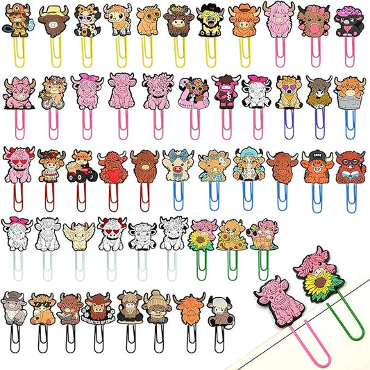 Cute Paper Clips, 50Pcs Highland Cow Bookmark Paperclips Bulk Metal Fun Cute Cow Planner Clip Charms Clamp Desk Accessories Stationery Colorful Office Supplies Gifts for Student Teacher Party Decor