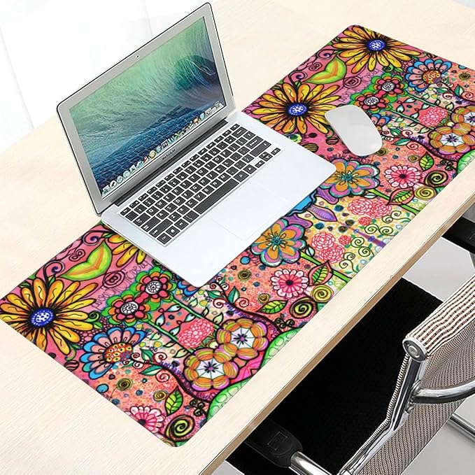 Extra Large Mouse Pads Hippie Flowers XXL Extended Mousepad with Stitched Edges Non-Slip Rubber Base Computer Keyboard Pad Desk Mat for Home Office Desk Decor, 35.4" X 15.7"