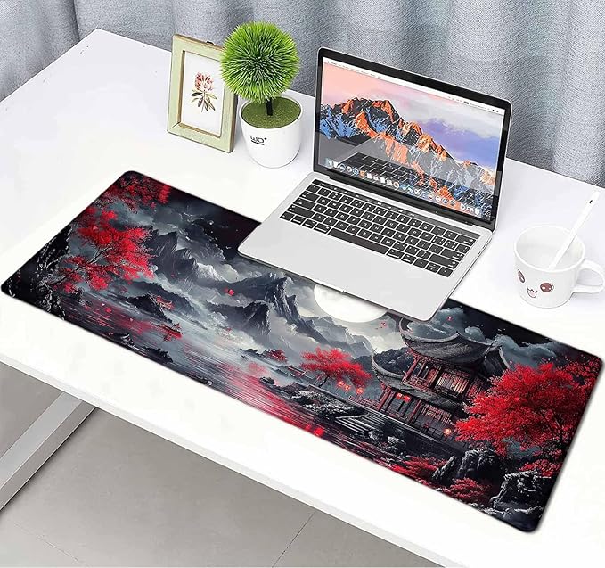 Japanese Mountain Red Full Moon Landscape Large Mouse Pad, Desk Mat Computer Keyboard Pad Non-Slip Rubber Base Waterproof with Stitched Edges for Laptop Gaming, Office & Home 31.5 x 11.8 Inch
