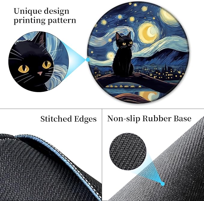 Black Cat Mouse Pad for Desk, Starry Night Small Cute Mousepad with Non-Slip Rubber Base, Round Mouse Pads for Wireless Mouse Laptop, Computer Mouse Mat for Home Office Desk Accessories