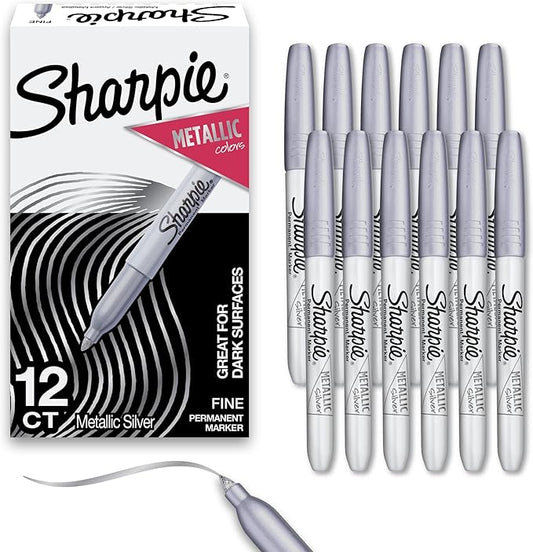 Sharpie Metallic Permanent Markers, Fine Tip, Silver, 12 Count - For Black Paper or Dark Surfaces, Arts & Crafts, Posters, Classroom Supplies