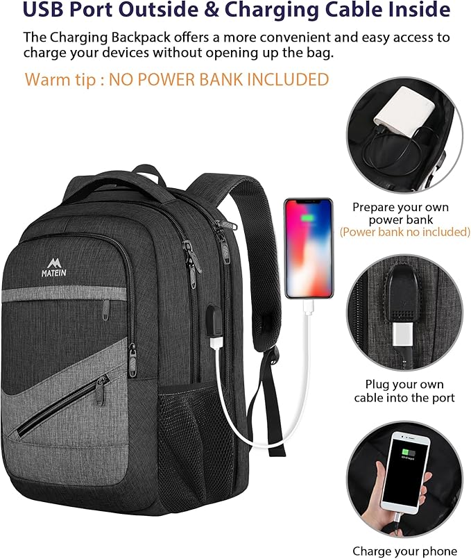 MATEIN Extra Large 50 L Travel Laptop Backpack, Water Resistant Work Computer Backpack with USB Charging Port, TSA Friendly Business Daypack with Multiple Organizer Pockets for Men, Black Grey