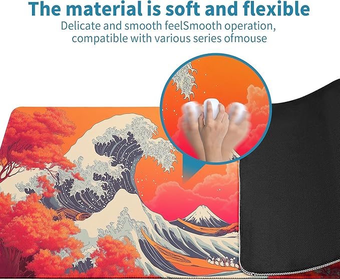 Japanese Sea Wave Mouse Pad Red Desk Mat XL Mouse Gaming Pads, Sea Keyboard Pads Extra Large Desktop Computer Mats with Non-Slip Base & Stitched Edges, Vintage Office Decor 31.5x11.8