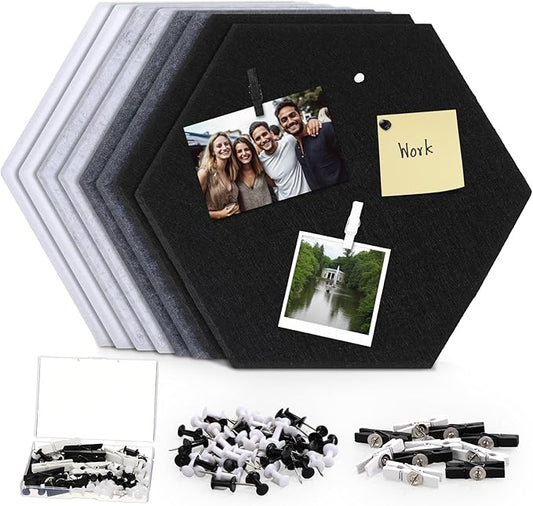 8 Pcs 12" Large Hexagon Felt Cork Board Tiles Self Adhesive DIY Bulletin Board Pin for Office Home Wall Decor Stickers Memos Photos Display with 10 Multi-Color Clip Drawing Pins(Black White)