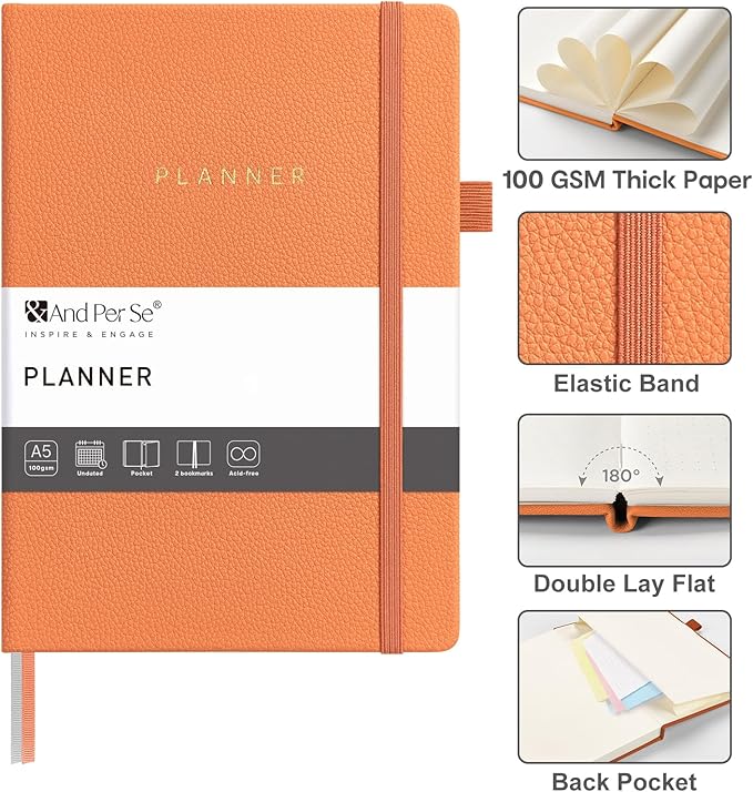 And Per Se Undated Planner – A5 Leather Hardcover Weekly & Monthly Goal Planner for 72 Weeks (1.5 Years) – with Goal & Habit Tracker (Pumpkin Orange)