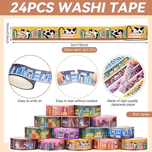 Janlaugh 24 Rolls Cat Books Washi Tapes Bulk Cute Multicolor Bookcase Tape Stickers for Journaling DIY Crafting Gift Wrapping Scrapbook Planner Book Cat Lovers Women Students Readers Teachers