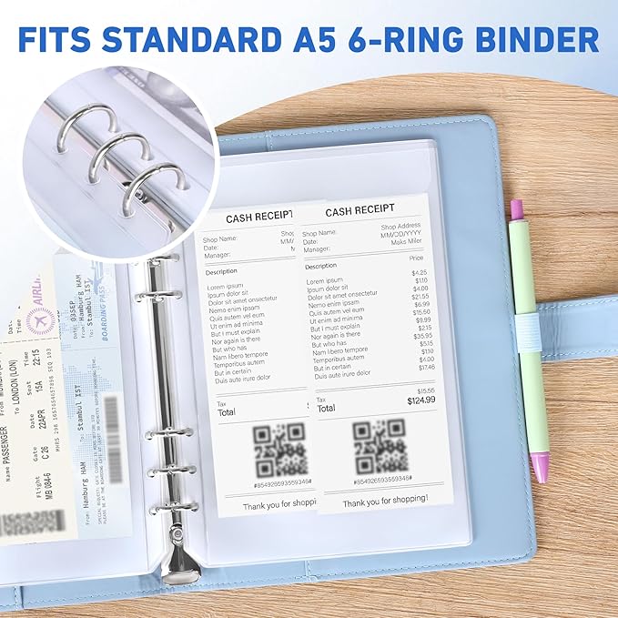 Antner 12PCS A5 Binder Pockets No Zipper 6-Hole Budget Cash Envelopes for Small Refillable Notebook, Zipless A5 Planner Inserts Binder Pouches Loose Leaf Money Organizer Bags for Saving Challenge