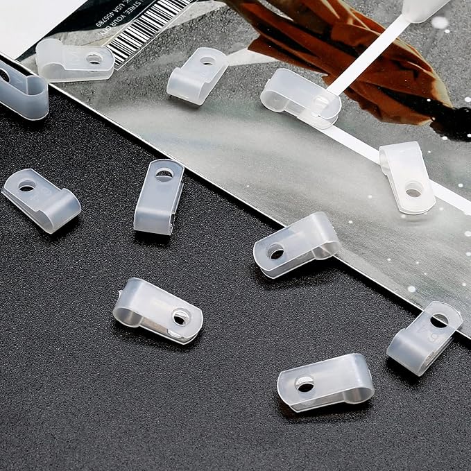 60pcs 1/4 Inch Nylon Cable Clamps, R-Type Wire Cable Clips with M4 Screws, Screw Mounting Cord Fastener Wire Conduit Clamp for Wire Management (White)