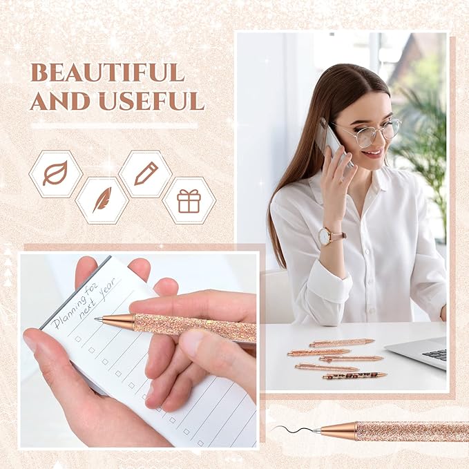 Sherr 7 Pcs Fancy Pens for Women Cute Sparkly Glitter Pens with 10 Pcs Black Ink Refills Pretty Gifts for Girls Office School Christmas Graduation(Elegant)