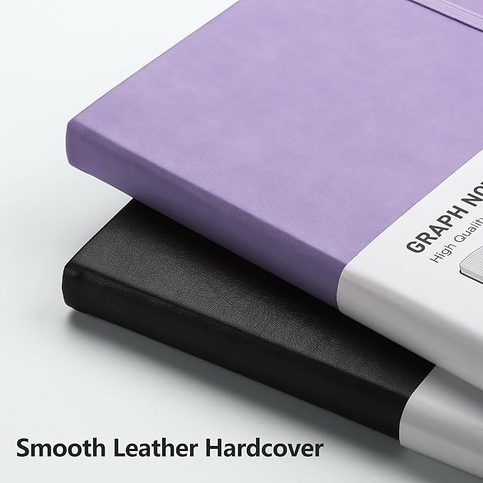 RETTACY Graph Grid Paper Notebook, 192 Pages, A5 Medium Size (5.7'' x 8.3''), 5 Squares per Inch, Leather Hardcover, 100 GSM Thick Paper, for School, Students, Math, Engineering (Purple)
