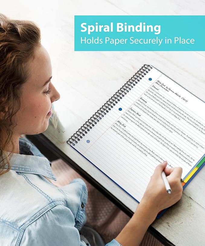 Dunwell 5-Subject Spiral Notebook, College Ruled (Blue), Colorful Movable Pocket Dividers with Tabs, Front/Back Plastic Covers, 200 Sheets (400 Pages) of 3-Hole Punch Perforated 8.5x11 Paper