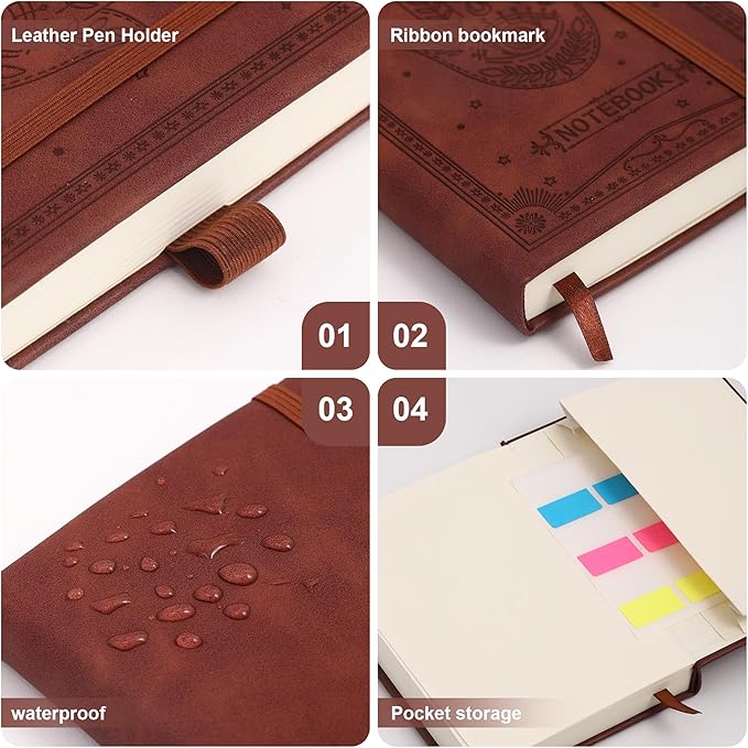 Inner Pocket Notebook Lined Journal 4X 6 Hardcover Leather 288 Page Finger Aesthetic Bound Record College Ruled Reading Diary Notepad For Women Men Travel Work School Office Writing -Brown