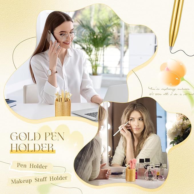 Sabary 8 Pcs Gold Pens with Pen Holder for Desk Glitter Crystal Diamond Cute Ballpoint Fancy Pencil Holder Bling Desk Organizer for Women Girls Gifts School Office Christmas New Year Supplies