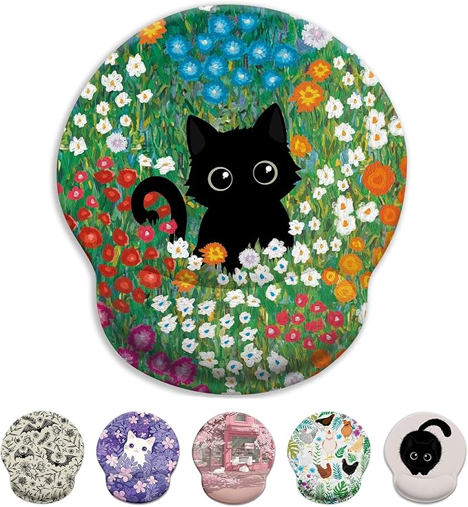 Black Cat Mouse Pad, Ergonomic Mouse Pad with Wrist Rest, Gaming Mouse Pad Wrist Support with Non-Slip Pain Relief PU Base, Funny Mouse Pads for Desk Work, Cute Office Desk Accessories Decor