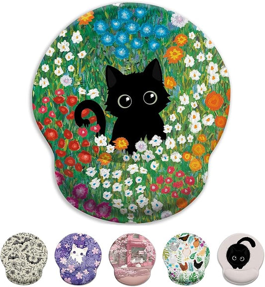 Black Cat Mouse Pad, Ergonomic Mouse Pad with Wrist Rest, Gaming Mouse Pad Wrist Support with Non-Slip Pain Relief PU Base, Funny Mouse Pads for Desk Work, Cute Office Desk Accessories Decor