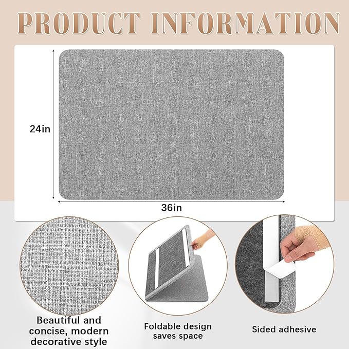 36"x 24"Linen Fabric Bulletin Board Pinboard for Walls Display Frameless Pinboard Display Notice Memory Board for Office Walls Home Kitchen Easy to Install(Grey)