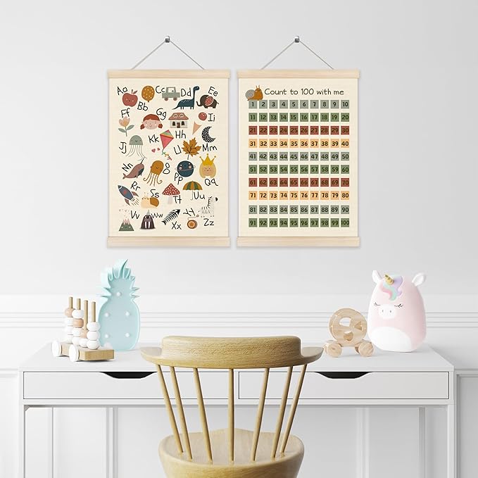Koesus Number Chart 1-100 Alphabet Wall Art Poster Hanger Frame 12x16 Inch Set of 2, Count to 100 Alphabet Educational Canvas Pictures Prints Framed Wall Decor for Classroom Nursery Playroom Preschool