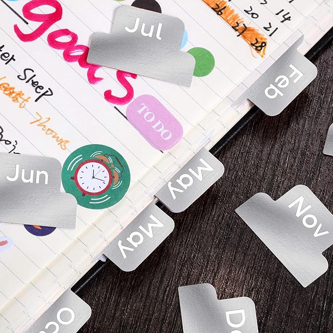 Outus 24 Pieces Monthly Adhesive Tabs for Planner - Designer Accessories Monthly Tabs Stickers Decorative for Office Planners Organizations Sturdy Notebook Planners Journal(Silver)