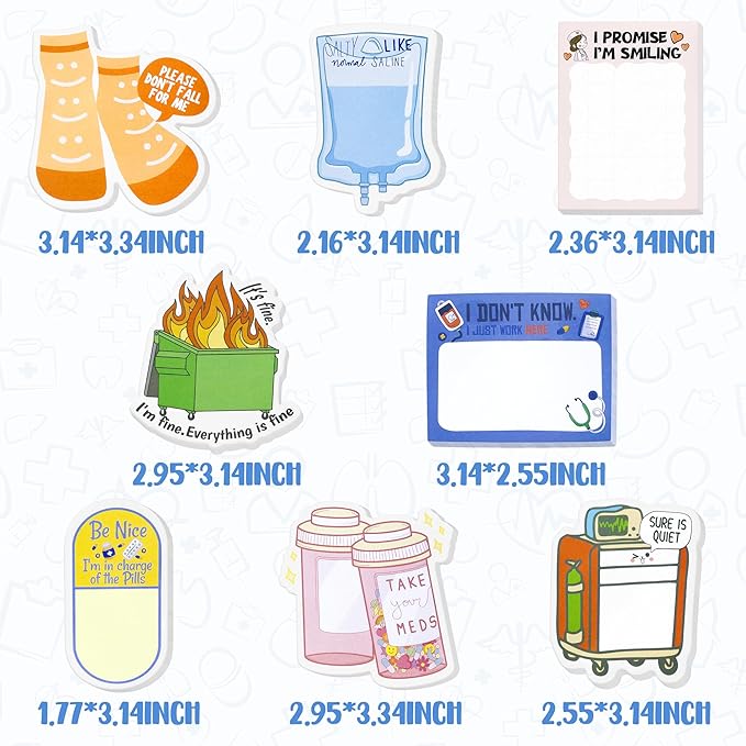 8 Pcs Funny Nurse Sticky Notes Doctors Medical Notepad Memo Pads Nursing Essentials Graduation Appreciation Gifts Office Stationery Supplies for Hospital CNA Healthcare Workers School Students Teacher