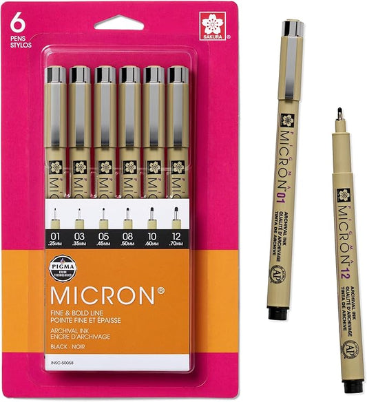 SAKURA Pigma Micron Black Ink Multi-tip Set, 6 Pack