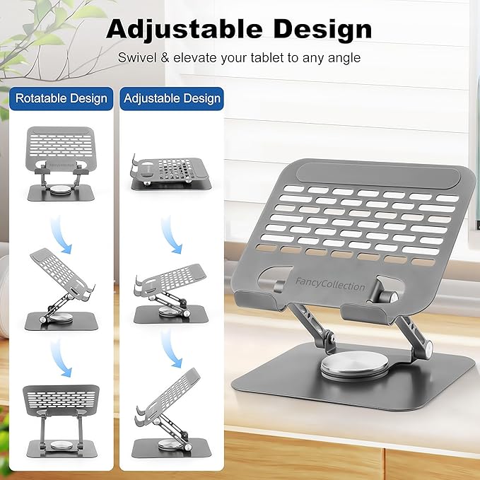 Adjustable Tablet Stand with 360° Rotating Base, Aluminum Dual-Rod Support, Compatible with iPad Pro/Air/Mini Silver Grey