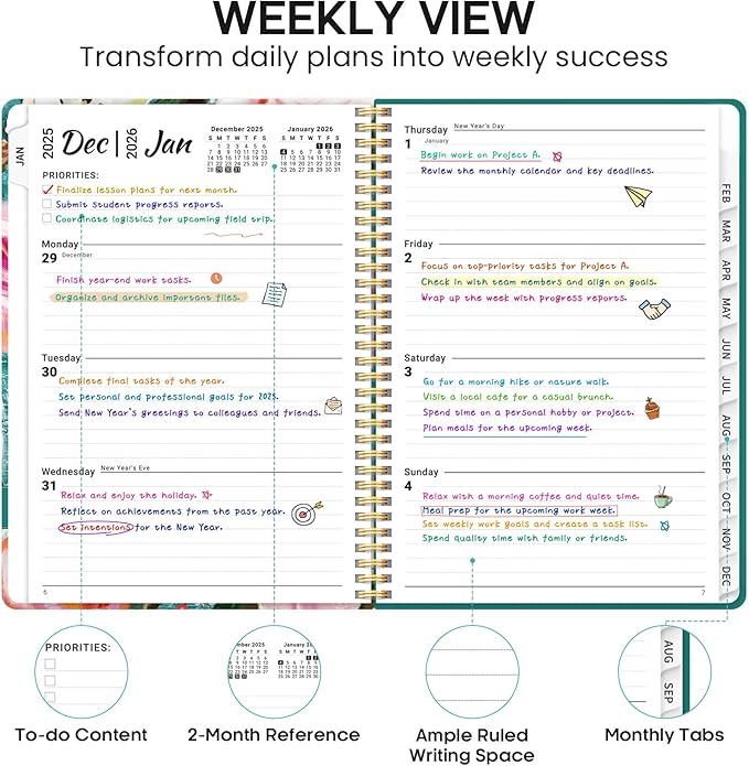 2026 Planner, Weekly and Monthly Calendar Planner Book, January 2026 - December 2026, Hardcover Spiral Planner with Monthly Tabs, Notes Pages, Perfect for Women & Men, A4 (8.5" x 11") - Oil