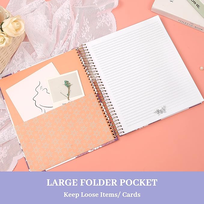 CAGIE Hardcover Spiral Journal Notebook 8.5 x 11, 200 Pages Floral Spiral Notebook with Pockets, Large Spiral Bound Notebooks for Women Girls Note Taking, Purple