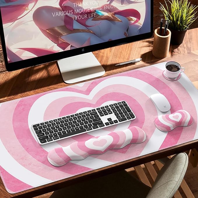 iLeadon Keyboard Mouse Pad Set, Large Gaming Mouse Pad + Keyboard Wrist Rest + Mouse Pad with Wrist Support + Coaster, Easy Typing Pain Relief, Desk Mat Set, Valentines Day present for Her, Pink Heart