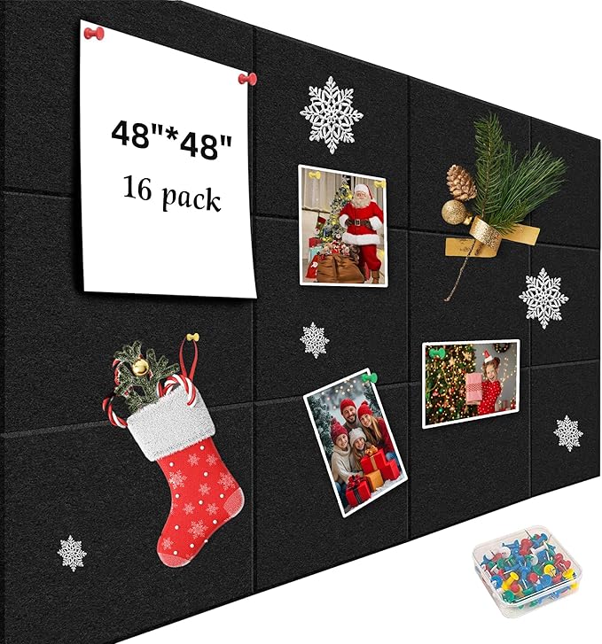 Large Cork Board for Walls, Yunihome 16 Pack 48" x 48" Felt Bulletin Board Wall Tiles for Home Kitchen School Office Wall Decor with Assorted Colors DIY Decorative Push Pins Sets