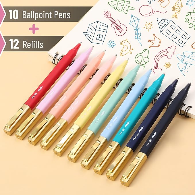 Mr. Pen- Aesthetic Pens, 10 Pack, Colorful Ink with Case and 12 Refills, Fast Dry, No Smear Bible Pens No Bleed Through, 0.7mm Fine Point Pen, Ballpoint Pens Ballpoint