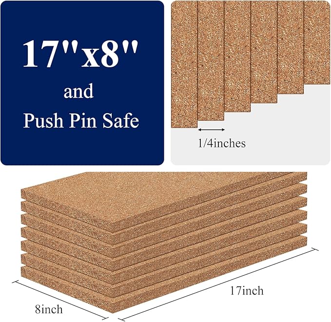 NACHLYNN Cork Board 6 Pack 17 x 8 Square Bulletin Board for Wall Self-Adhesive Corkboards with 100 Push Pins Frameless Cork Tiles for Walls Home Office