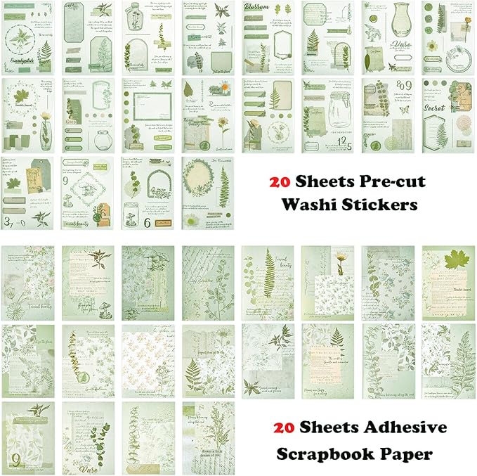 Vintage Washi Stickers for Journaling, 40 Sheets Ephemera Sticker Book for Adults 180pcs Aesthetic Botanical Scrapbook Stickers and 20 Sheets Adhesive Scrapbooking Paper for Junk Journal Supplies