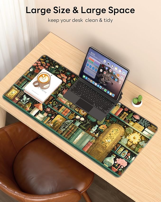 XL Gaming Mouse Pad, 31.5x17.5'' Large Desk Mat with Anti-Slip Rubber Base & Stitched Edges for Gaming, Office, Home - Boho Bookshelf