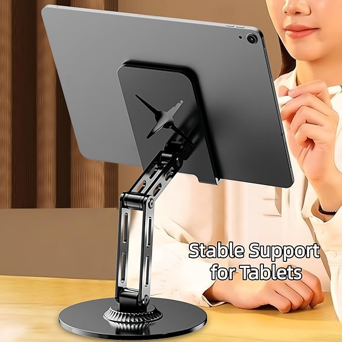 All-Metal Cell Phone Stand 360° Rotatable & Height Adjustable - 25KG Super Load-Bearing, Foldable Desk Stand for Phone & Tablet, Compatible with iPhone 17/16/15/14, Nintendo Switch (Black)