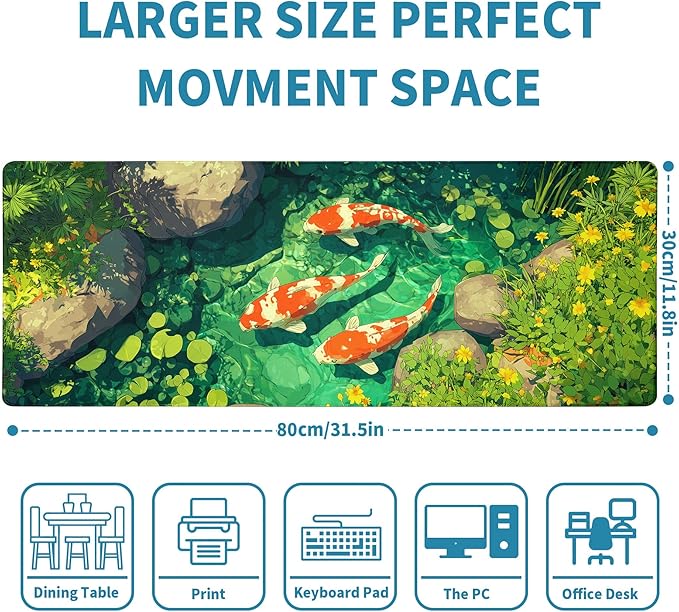 Fish Art Mouse Pad Green Desk Mat XL Mouse Gaming Pads, Fish Keyboard Pads Extra Large Desktop Computer Mats with Non-Slip Base & Stitched Edges, Vintage Office Decor 31.5x11.8
