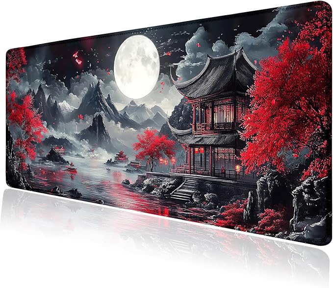 Japanese Mountain Red Full Moon Landscape Large Mouse Pad, Desk Mat Computer Keyboard Pad Non-Slip Rubber Base Waterproof with Stitched Edges for Laptop Gaming, Office & Home 31.5 x 11.8 Inch