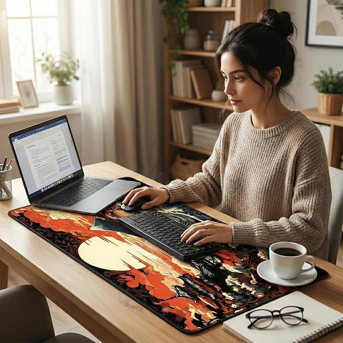 Manicer Japanese Sunset Wave Gaming Mouse Pad – Large Extended Mouse Mat with Pagoda Mountain Landscape, Smooth Control Surface, Non-Slip Rubber Base, Waterproof Mousepad for Office & Home