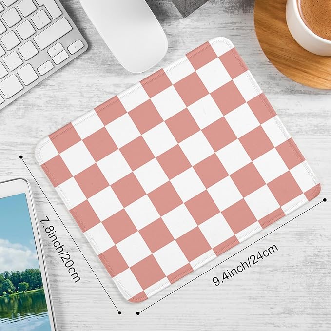 Pink and White Checkered Square Mouse Pad,Non-Slip Rubber Base Mouse Pad,Home Office Decoration Desktop Accessory,Laptop Mouse Pad for Office Laptops,9.4x7.8x0.12inch.
