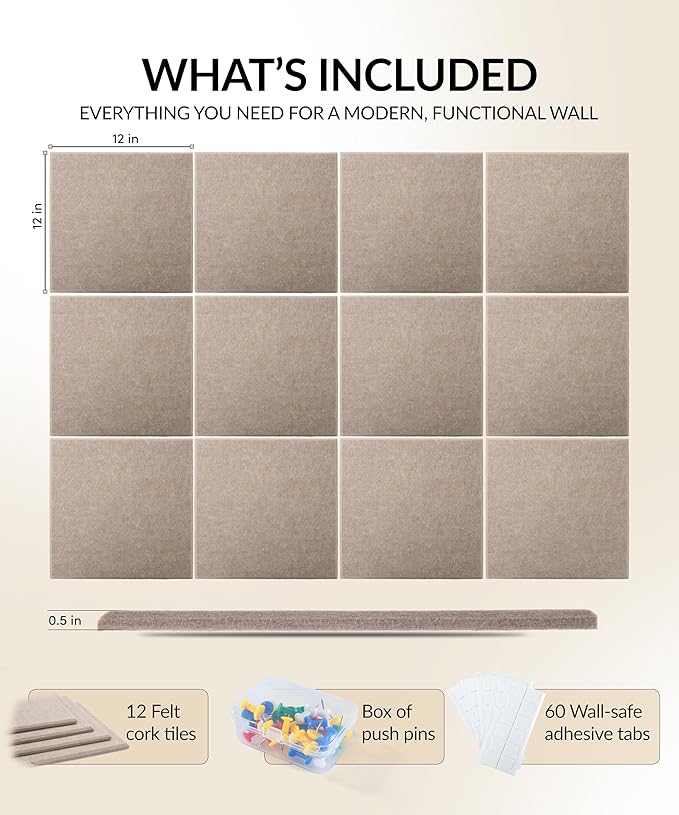 Large Felt Bulletin Board 48" x 36" with Push PINS & Wall Safe Adhesive Tabs – Modern Large Cork Board for Walls in Home or Office, Versatile Felt Board Layout, Cork Board, Vision Board, Dream Board