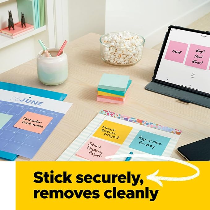 Post-it Notes, 4 in x 6 in, 5 Lined Sticky Note Pads, 100 Sheets per Pad, Beachside Café Collection, New Year Organization or Second Semester School Supplies