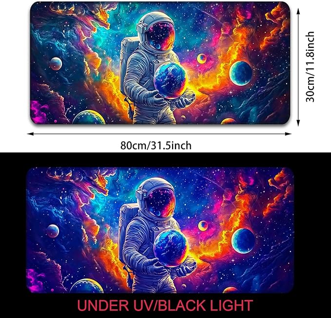 Manicer Blacklight Space Astronaut Mouse Pad – UV Reactive Neon Galaxy Mat, Glow in The Dark Extended Gaming Mousepad with Colorful Cosmic Art for Office, Gamers & Room Decor - 31.5" x 11.8"